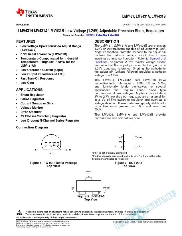 LMV431l;LMV431Al;LMV431B Low-Voltage (1.24V) Adj Precision Shunt Regs (Rev. F)