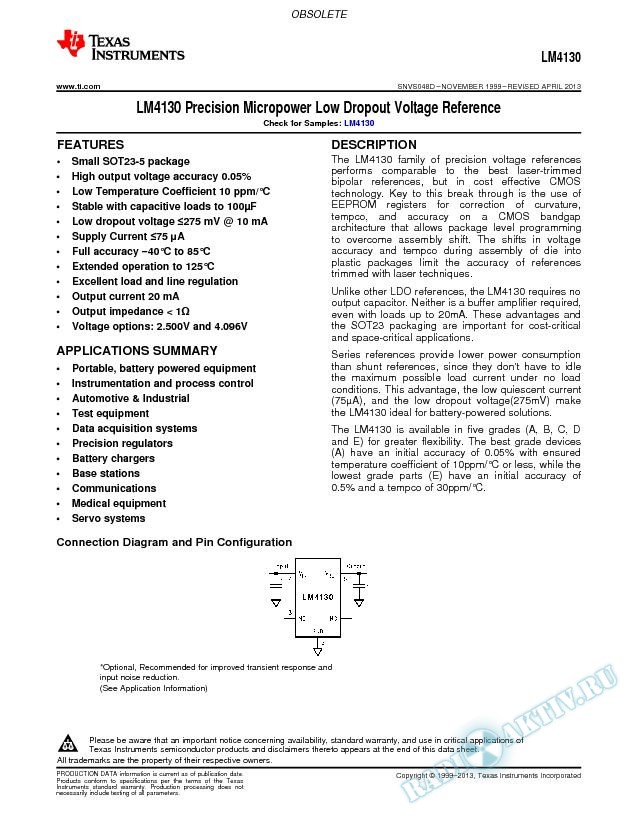 LM4130 Precision Micropower Low Dropout Voltage Reference (Rev. D)
