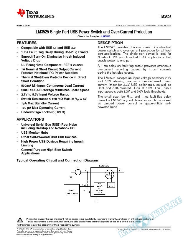 LM3525 Single Port USB Power Switch and Over-Current Protection (Rev. D)
