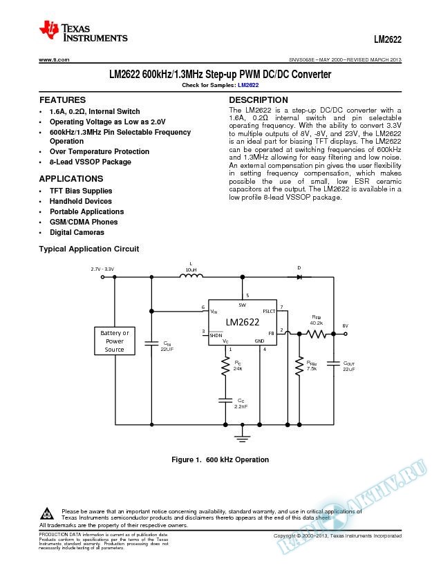 LM2622 600kHz/1.3MHz Step-up PWM DC/DC Converter (Rev. E)