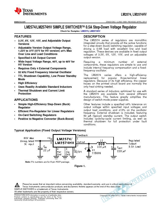 LM2574/LM2574HV SIMPLE SWITCHER 0.5A Step-Down Voltage Regulator (Rev. C)