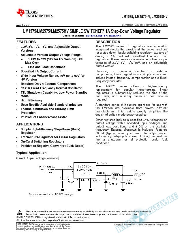 LM1575/LM2575/LM2575HV SIMPLE SWITCHER  1A Step-Down Voltage Regulator (Rev. E)