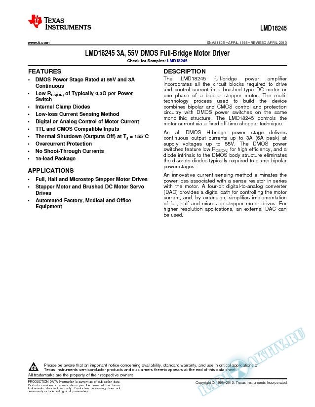 LMD18245 3A, 55V DMOS Full-Bridge Motor Driver (Rev. E)