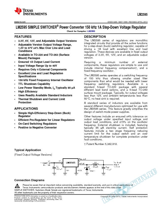 LM2595 SIMPLE SWITCHER Power Converter 150 kHz 1A Step-Down Voltage Regulator (Rev. B)