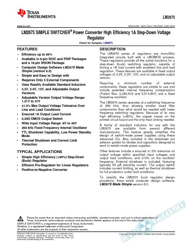 LM2675 SIMPLE SWITCHER Pwr Cnvrtr High Eff 1A Step-Down Voltage Regulator (Rev. E)