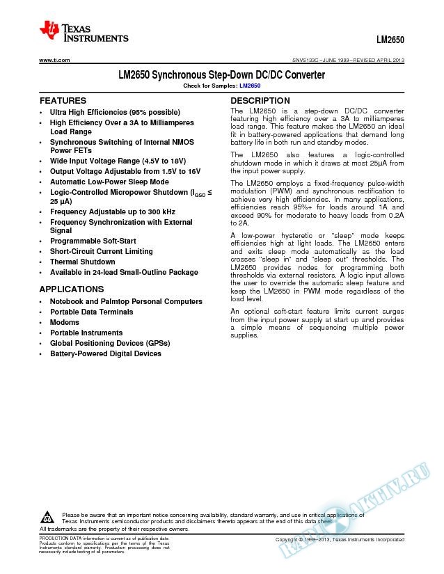 LM2650 Synchronous Step-Down DC/DC Converter (Rev. C)