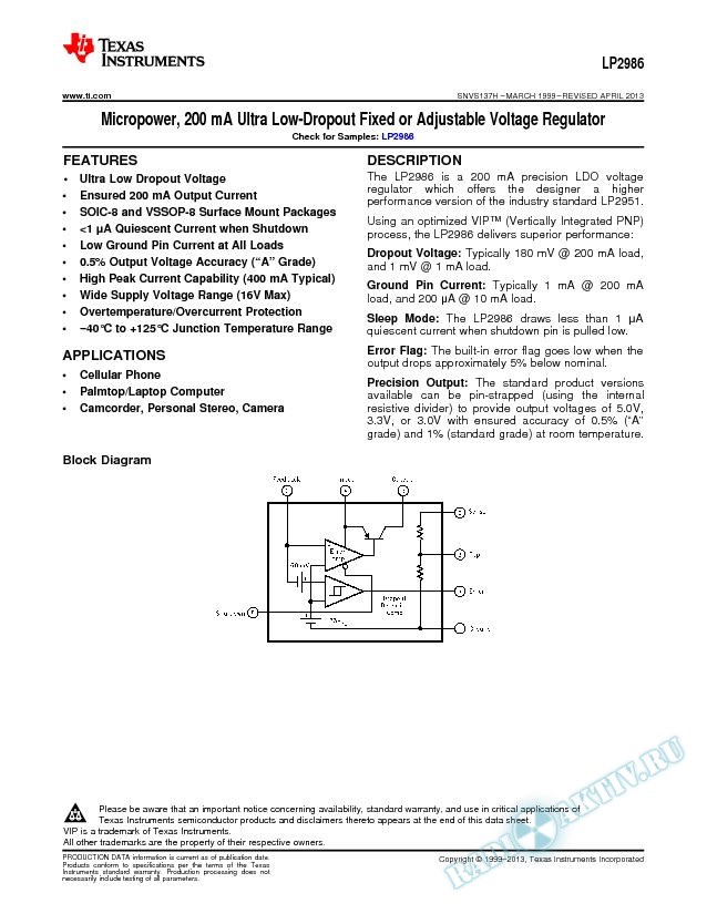 LP2986 Micropower, 200mA Ultra Low-Dropout Fixed or Adj VRegulator (Rev. H)