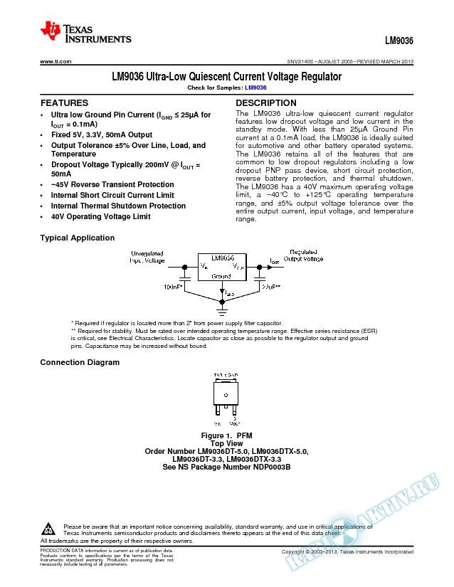 LM9036 Ultra-Low Quiescent Current Voltage Regulator (Rev. E)