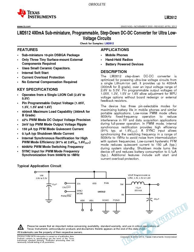 400mA Sub-min, Programmable, Step-Down DC-DC Convrtr for Ultra Low-Volt Circuit (Rev. G)