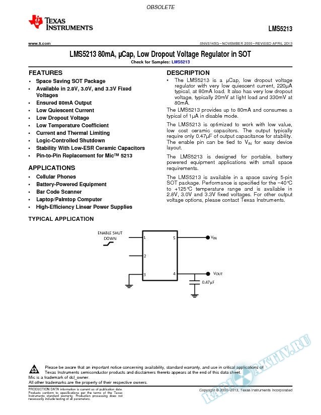 LMS5213 80mA, Cap, Low Dropout Voltage Regulator in SC70 (Rev. G)