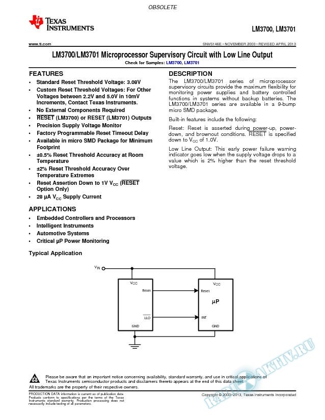 LM3700/LM3701  Microprocessor Supervisory Circuit with Low Line Output (Rev. E)