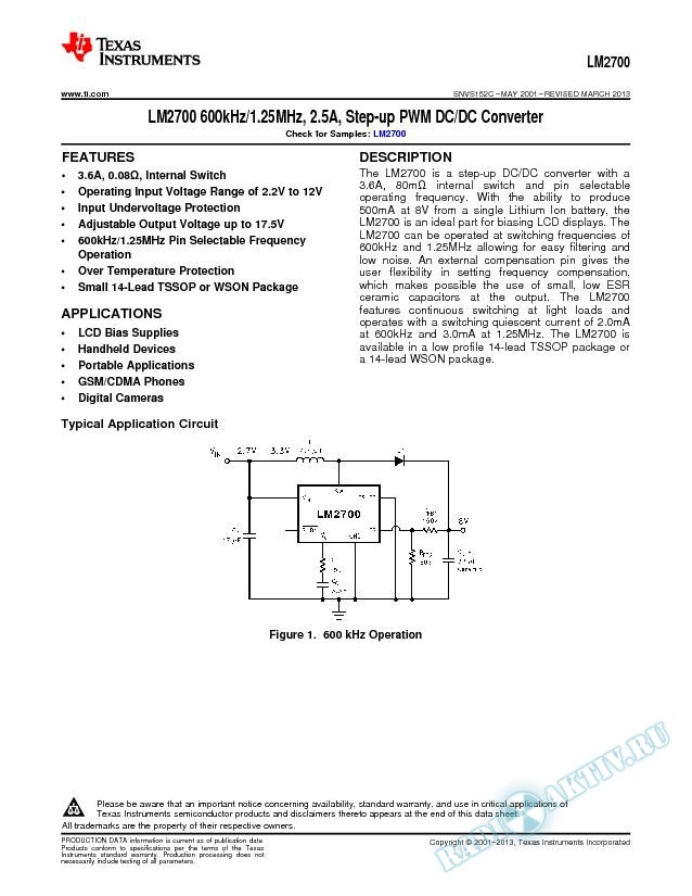 LM2700 600kHz/1.25MHz, 2.5A, Step-up PWM DC/DC Converter (Rev. C)