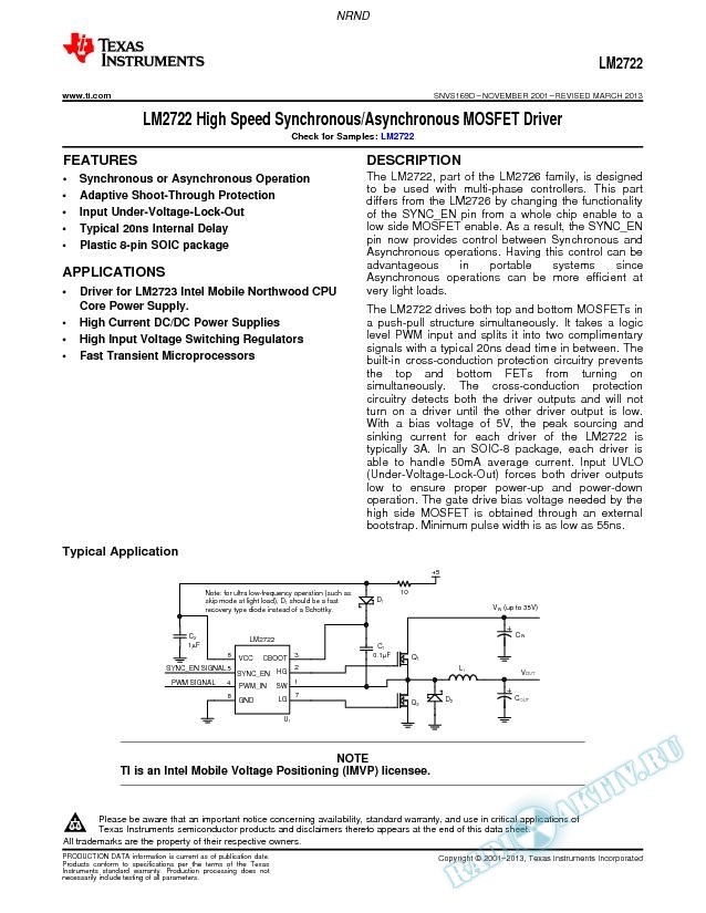 LM2722 High Speed Synchronous/Asynchronous MOSFET Driver (Rev. D)