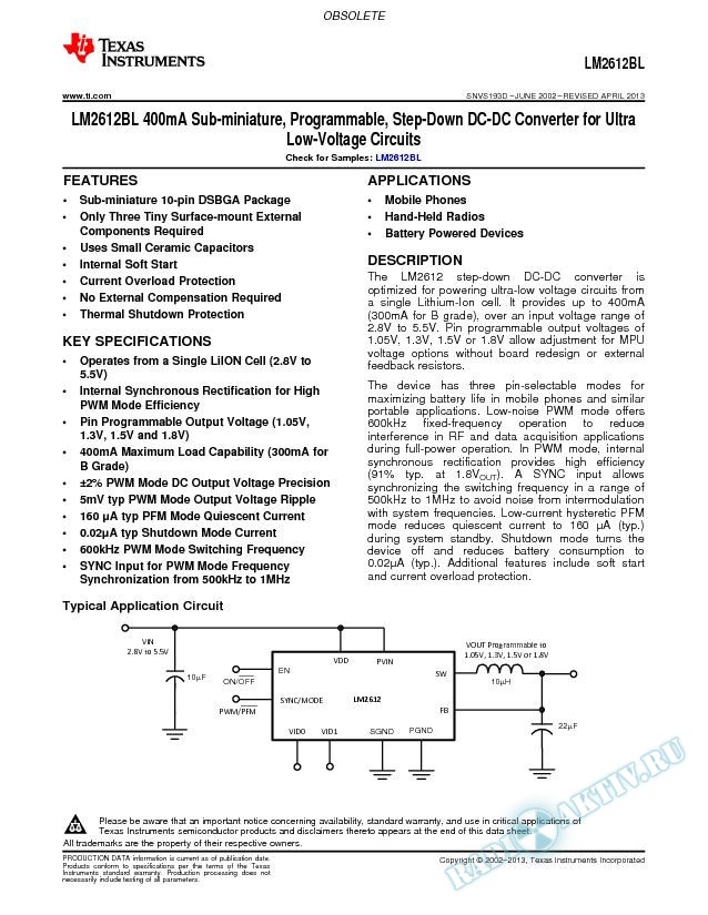 400mA Sub-mini, Prog, Step-Down DC-DC Cnvrtr for Ultra Low-Volt Circuits (Rev. D)
