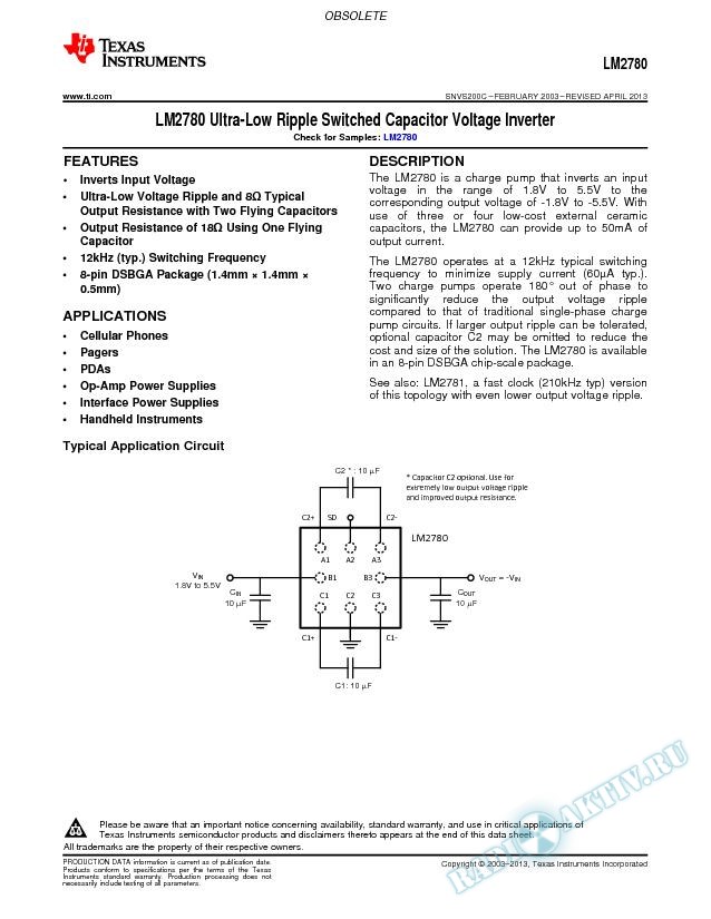 LM2780 Ultra-Low Ripple Switched Capacitor Voltage Inverter (Rev. C)