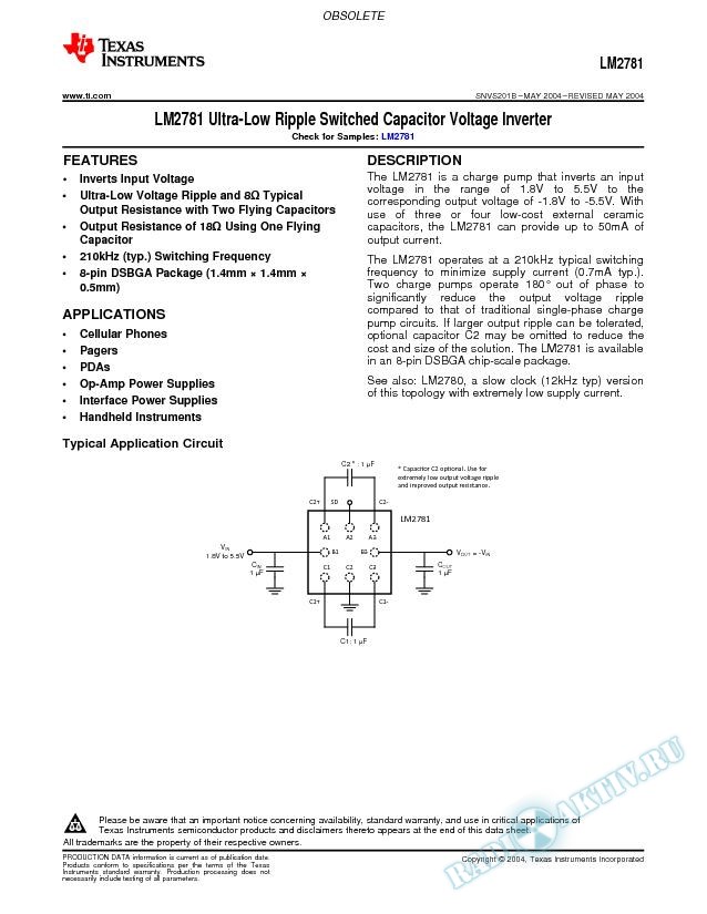 LM2781 Ultra-Low Ripple Switched Capacitor Voltage Inverter (Rev. B)