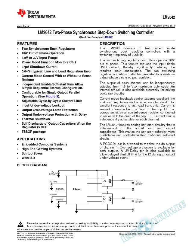 LM2642 Two-Phase Synchronous Step-Down Switching Controller (Rev. I)