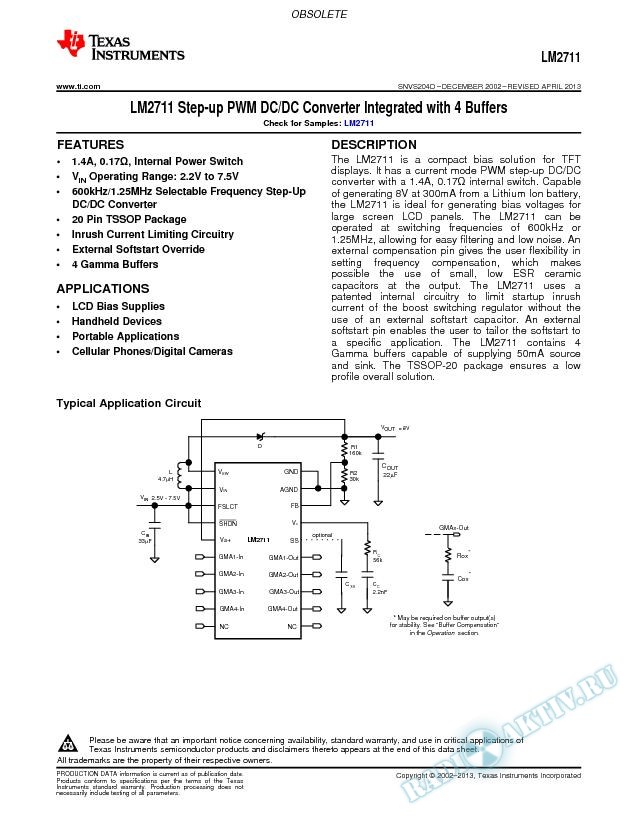 LM2711 Step-up PWM DC/DC Converter Integrated with 4 Buffers (Rev. D)