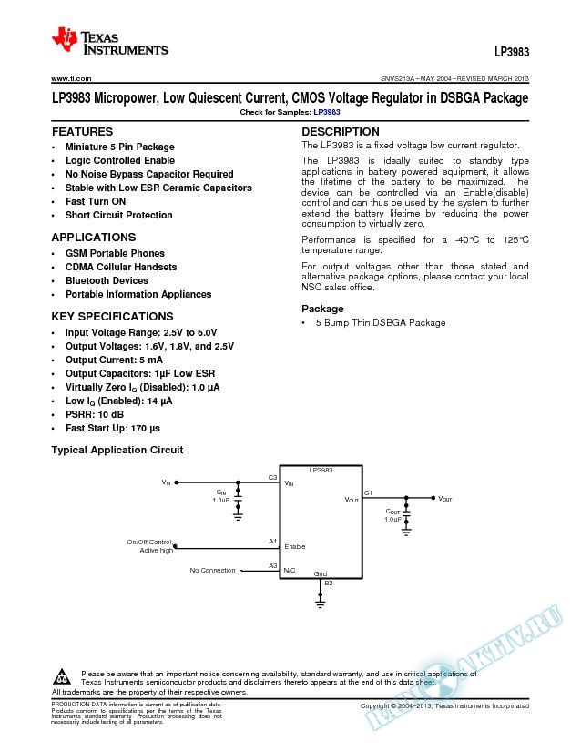 LP3983 Micropwr, Low Quies Current, CMOS VReg in micro SMD Pkg (Rev. A)