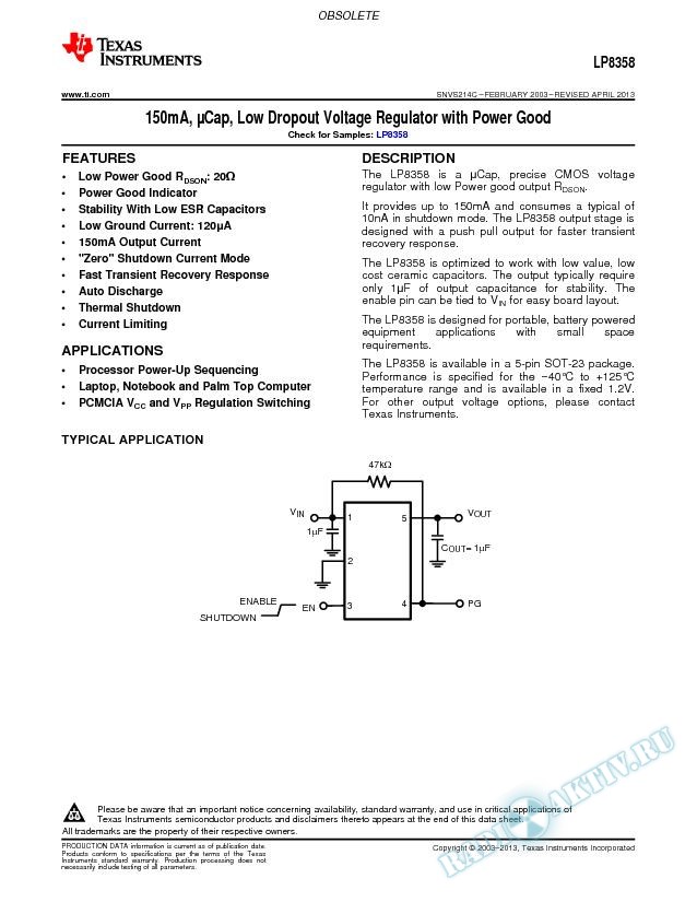 LP8358 150mA, Cap, Low Dropout Voltage Regulator with Power Good (Rev. C)