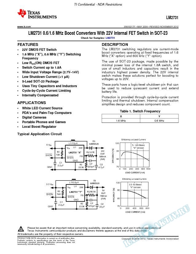 LM2731 0.6/1.6 MHz Boost Converters With 22V Internal FET Switch in SOT-23 (Rev. F)