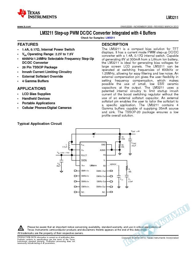 LM3211 Step-up PWM DC/DC Converter Integrated with 4 Buffers (Rev. B)