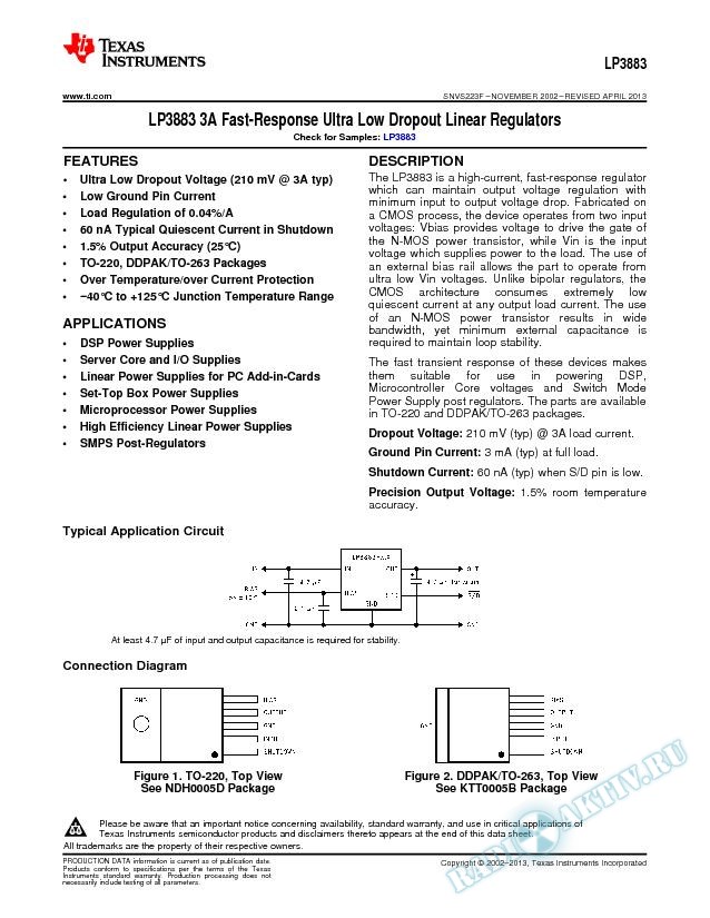 LP3883 3A Fast-Response Ultra Low Dropout Linear Regulators (Rev. F)