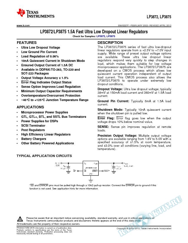 LP3872/LP3875 1.5A Fast Ultra Low Dropout Linear Regulators (Rev. F)