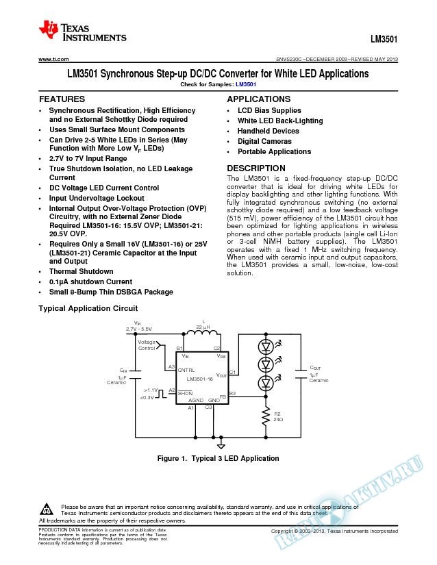 LM3501 Synchronous Step-up DC/DC Converter for White LED Applications (Rev. C)