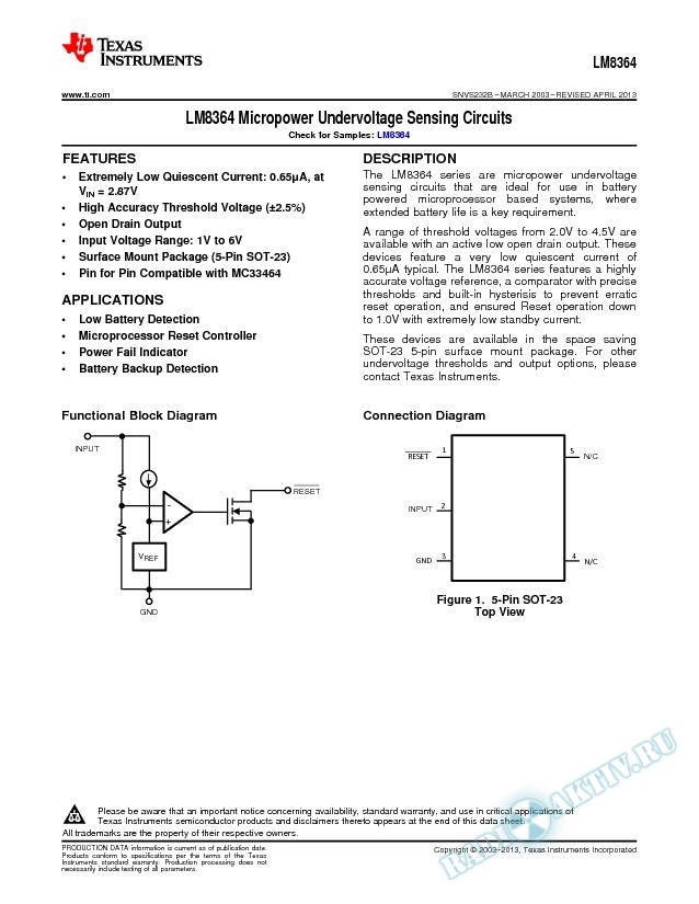 LM8364 Micropower Undervoltage Sensing Circuits (Rev. B)