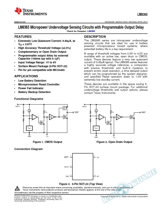 LM8365 Micropower Undervoltage Sensing Circuits with Programmable Output Delay (Rev. B)