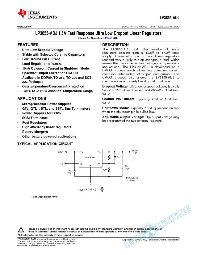 LP3855-ADJ 1.5A Fast Response Ultra Low Dropout Linear Regulators (Rev. F)
