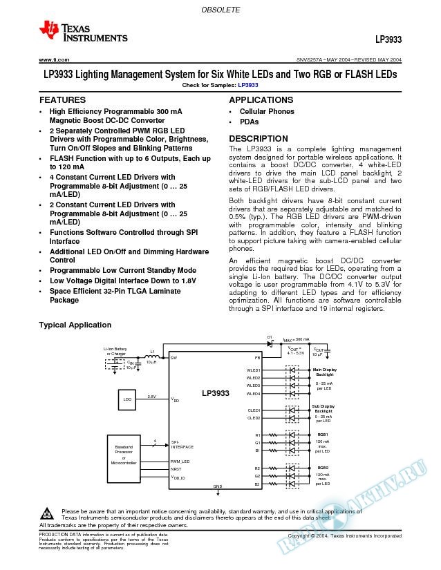 LP3933 Lighting Management System for Six White LEDs and Two RGB or FLASH LEDs (Rev. A)