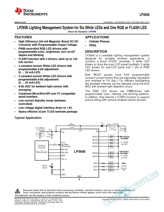 LP3936 Lighting Management System for Six White LEDs and One RGB or FLASH LED (Rev. D)