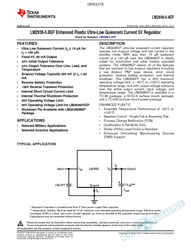 LM2936-5.0EP Enhanced Plastic Ultra-Low Quiescent Current 5V Regulator (Rev. B)