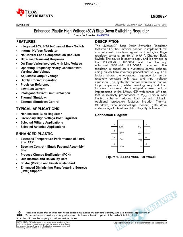 LM5007EP Enhanced Plastic High Voltage (80V) Step Down Switching Regulator (Rev. E)