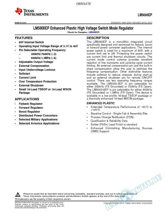LM5000EP Enhanced Plastic High Voltage Switch Mode Regulator (Rev. B)