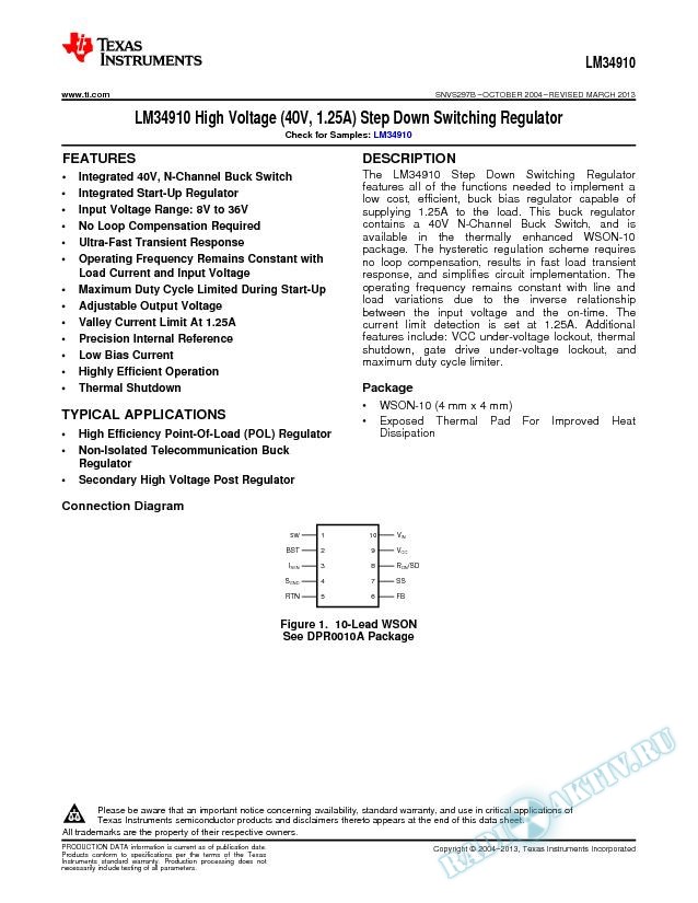 LM34910 High Voltage (40V, 1.25A) Step Down Switching Regulator (Rev. B)