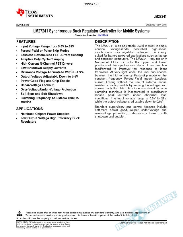 LM27241 Synchronous Buck Regulator Controller for Mobile Systems