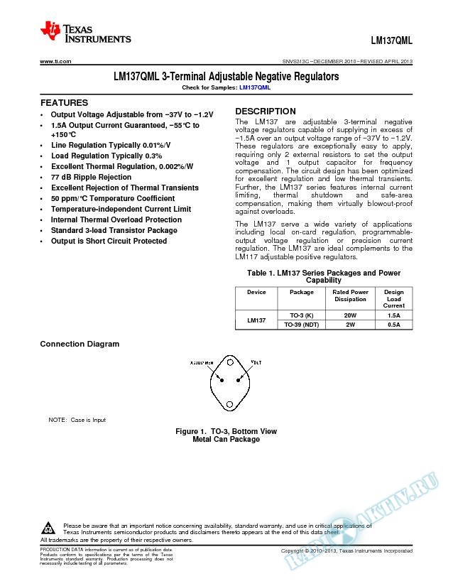 LM137QML 3-Terminal Adjustable Negative Regulators (Rev. C)