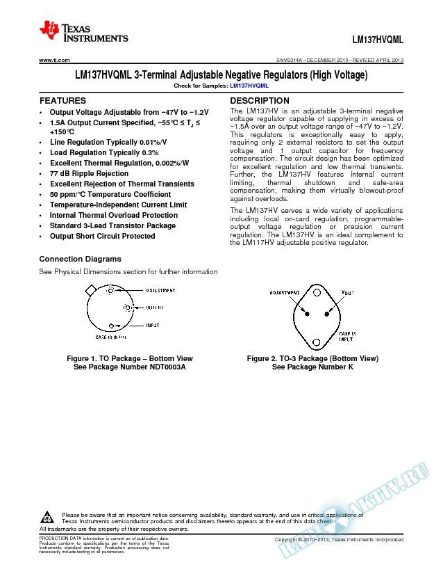 LM137HVQML 3-Terminal Adjustable Negative Regulators  (High Voltage) (Rev. A)