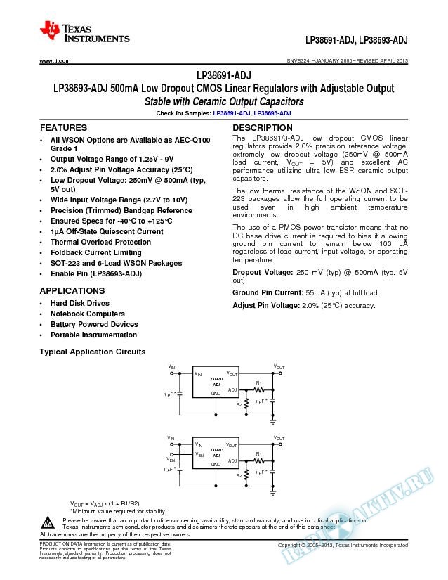 500mA Low Dropout CMOS Linear Reg w/Adj Output Stable w/Ceramic Out Caps (Rev. I)