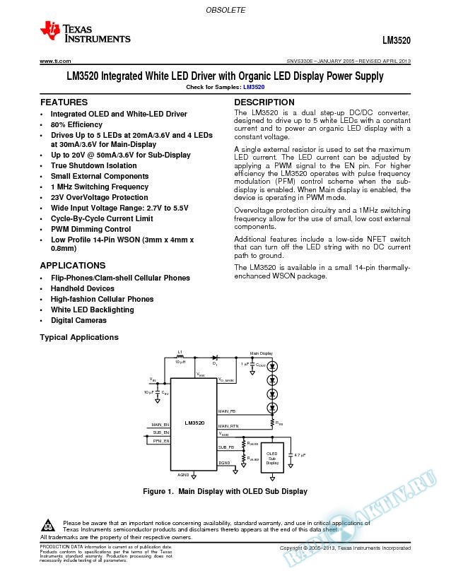 LM3520 Integrated White LED Driver with Organic LED Display Power Supply (Rev. E)