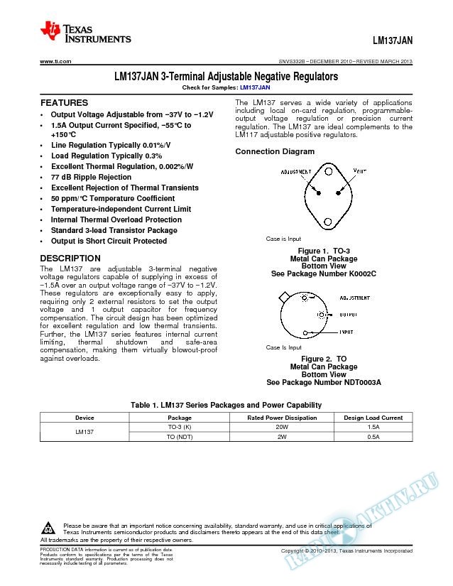 LM137JAN 3-Terminal Adjustable Negative Regulators (Rev. B)