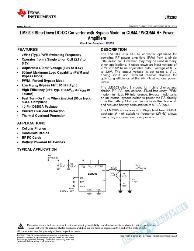 LM3203 Step-Dwn DC-DC Converter w/Bypass Mode for CDMA/WCDMA RF Pwr Amp (Rev. D)
