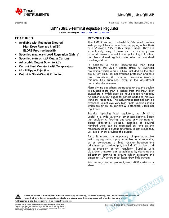 LM117QML 3-Terminal Adjustable Regulator (Rev. D)
