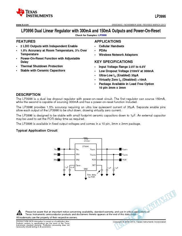 LP3996 Dual Linear Regulator with 300mA and 150mA Outputs and Power-On-Reset (Rev. C)