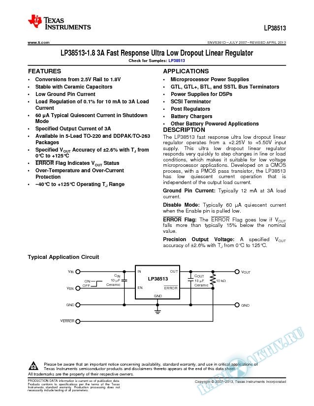 LP38513-1.8 3A Fast Response Ultra Low Dropout Linear Regulator (Rev. D)