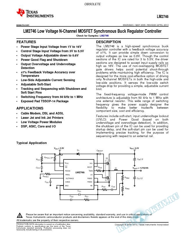 LM2746 Low Voltage N-Channel MOSFET Synchronous Buck Regulator Controller (Rev. C)