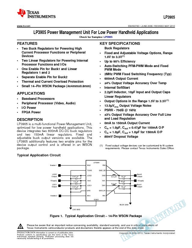 LP3905 Power Management Unit For Low Power Handheld Applications (Rev. D)